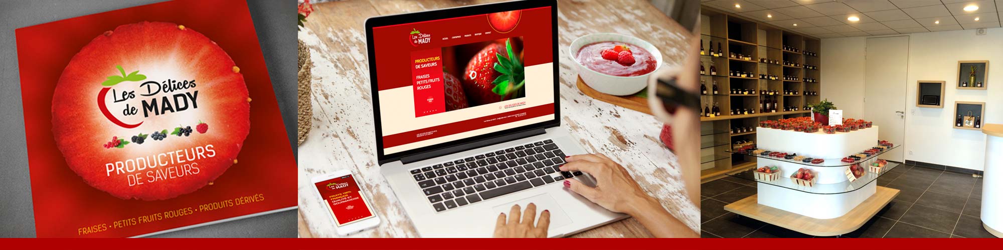 Les Délices de Mady est une entreprise spécialisée dans la production et la transformation de fruits rouges frais / Accompagnement ILÔ Créatif : Identité, univers de marque, packagings et design d'espace